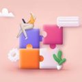 Connecting puzzle elements.  Team metaphor. Business approach, brainstorming. 3D Web Vector Illustrations.